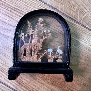 Vintage Chinese Cork Carving Diorama Cranes Pagoda Trees Asian Art Collectible